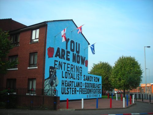 Sandy Row is an infamous Loyalist stronghold. They've even painted the sidewalks red, white, and blue to favor the British. 