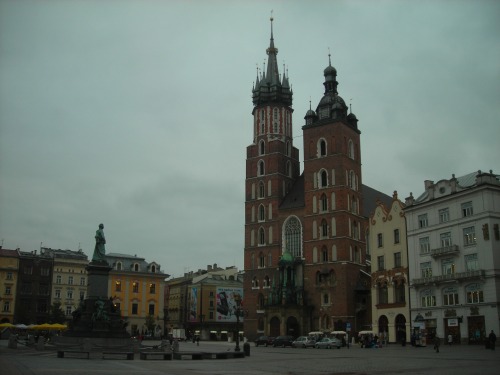 This is the center of Krakow. That tall building is St. Mary's Basillica, where the trumpeter plays every hour.